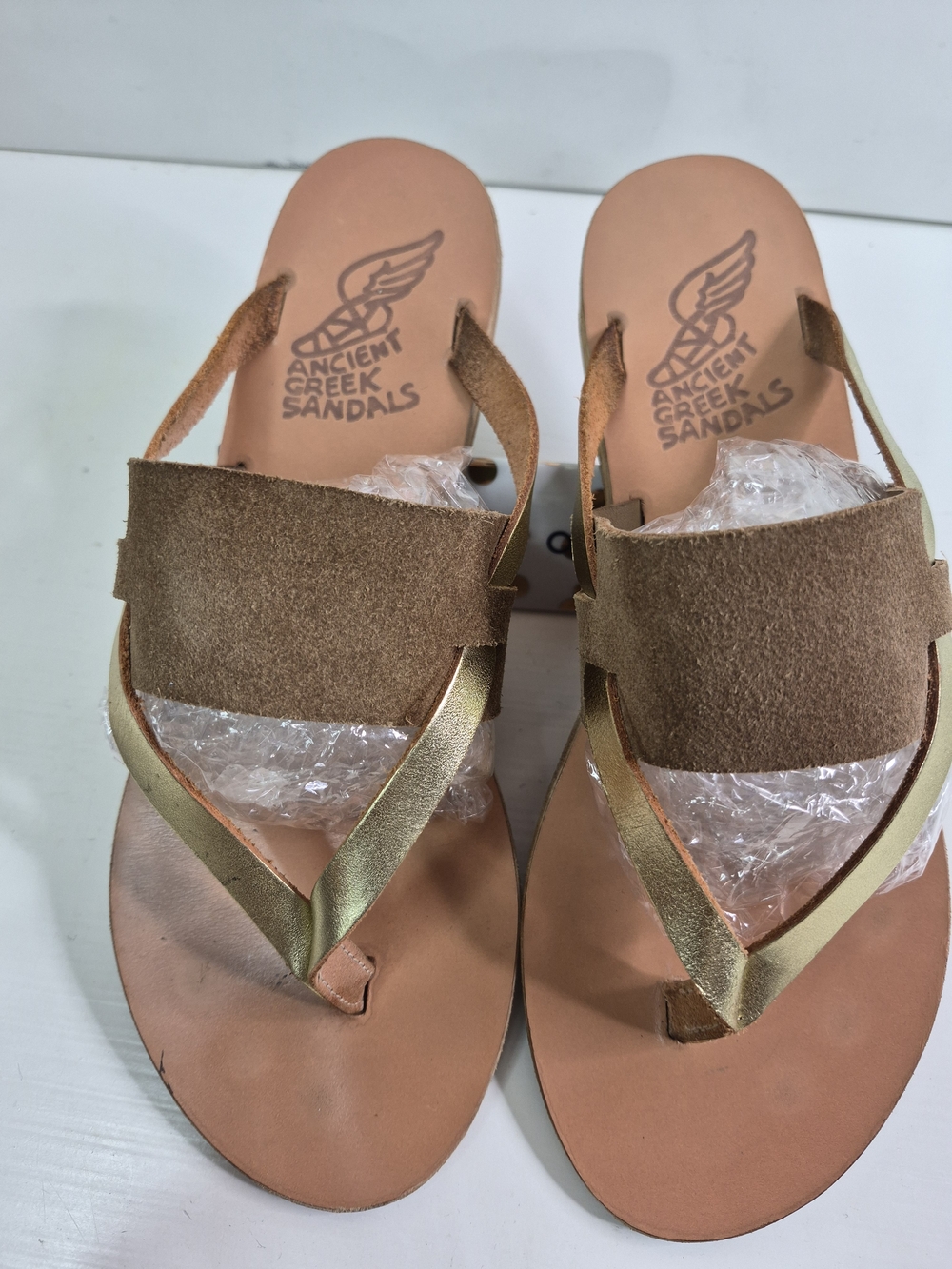Ancient Greek Sandals Brown Suede & Gold Leather Slide Sandals